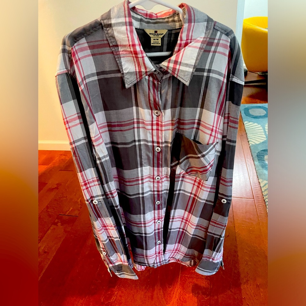 WOOLRICH Flannel Womens Medium Gray Plaid Button Down Shirt Check red White